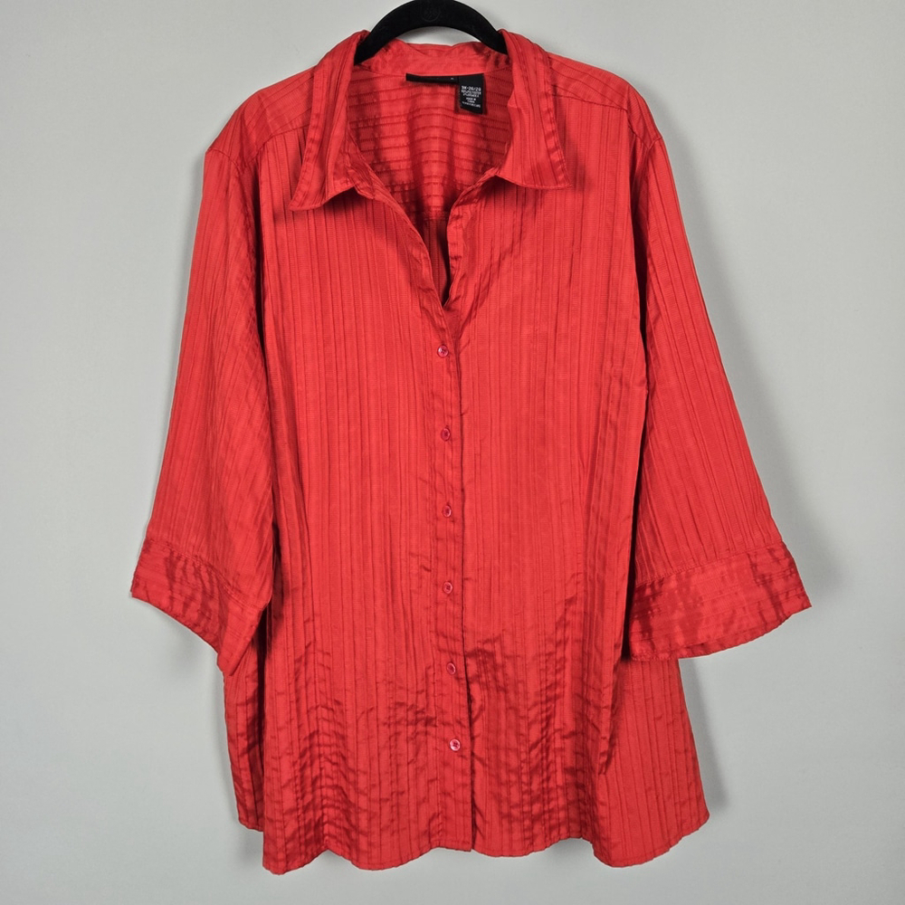 Maggie Barnes Womens Button Up Top 3X Red Textured 3/4 Sleeve Office Career Work